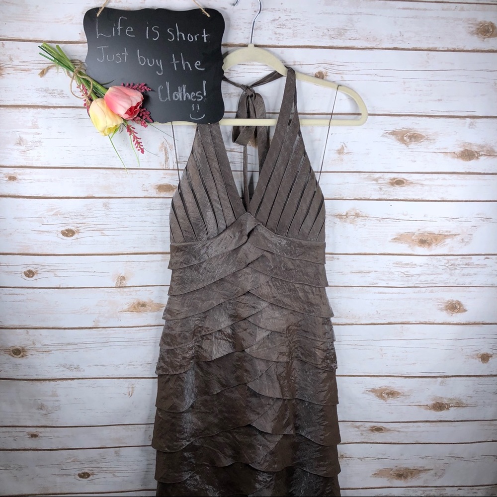 Cache brown ruffle vneck halter shimmer midi dress